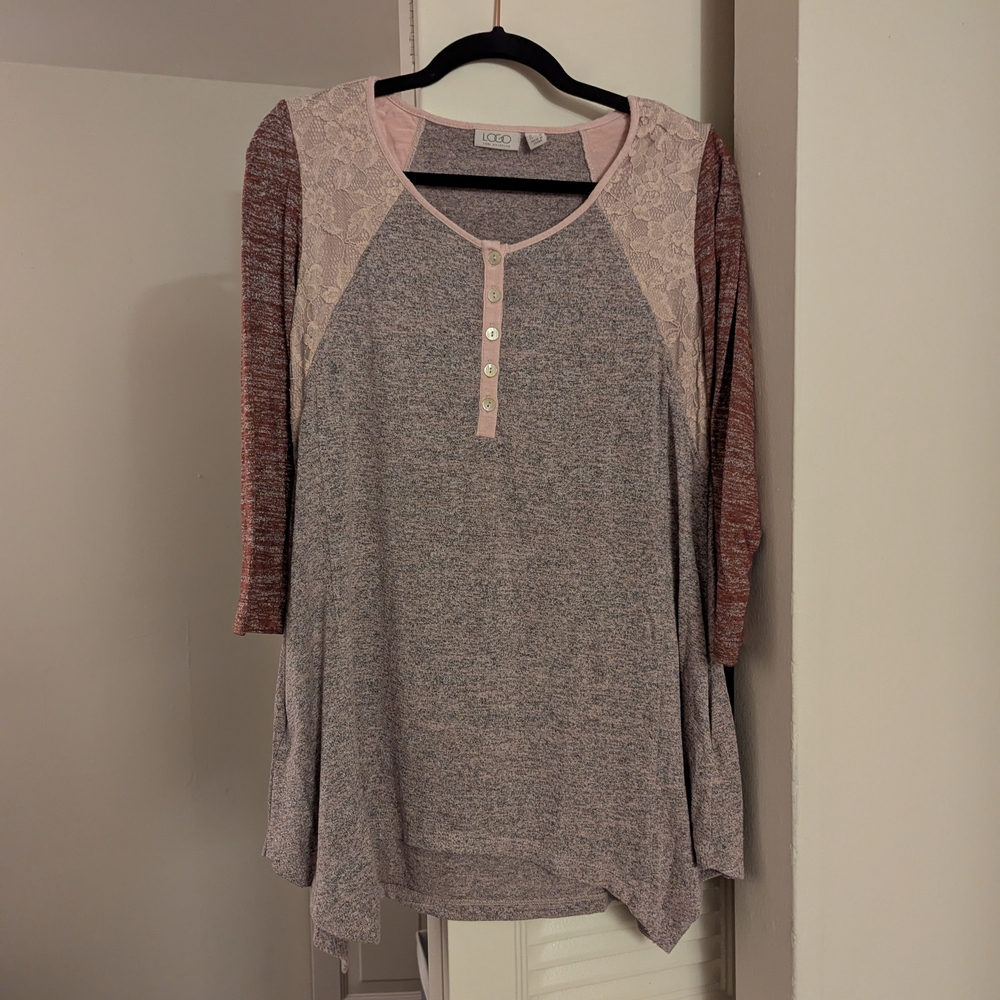 Women's Pink and Gray Lace Detail Top